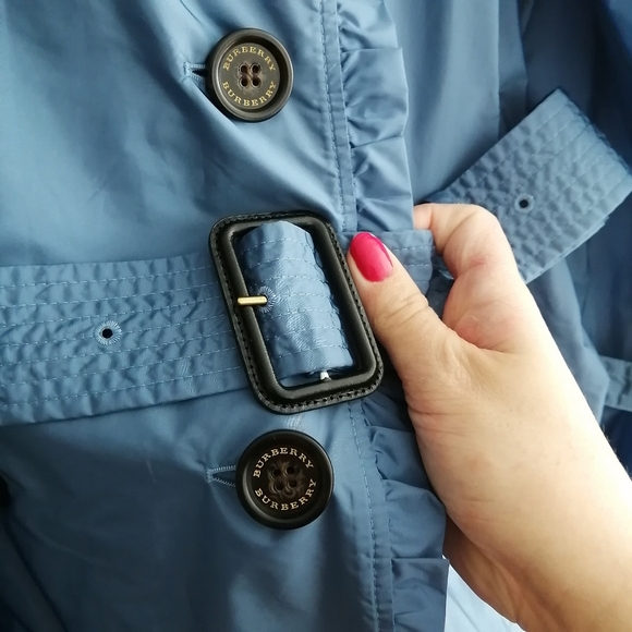 Burberry Double Breasted Blue Nylon Trench Coat Ruffle Trim Waist Belt US 12 - Picture 7 of 17